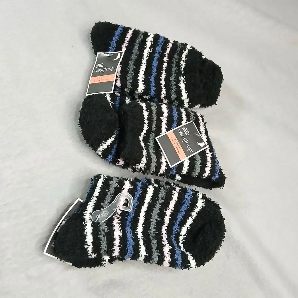 3 pair Westloop Fuzzy Crew Socks Blue Striped Warm Soft NWT Women's Size: 4-10